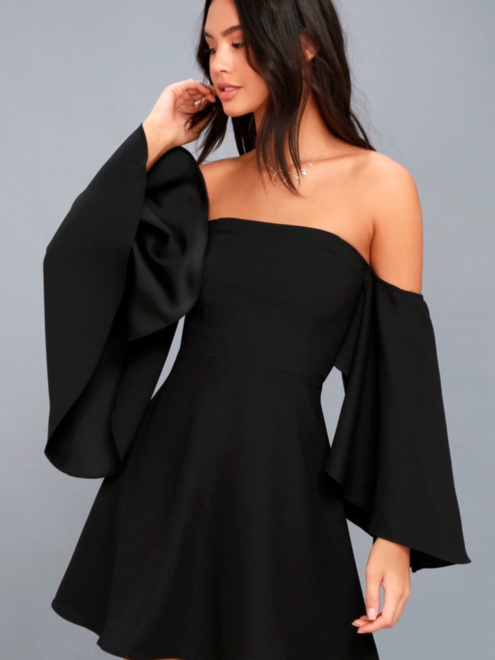 Lulú’s Off-Shoulder Black Flared Sleeve Dress
